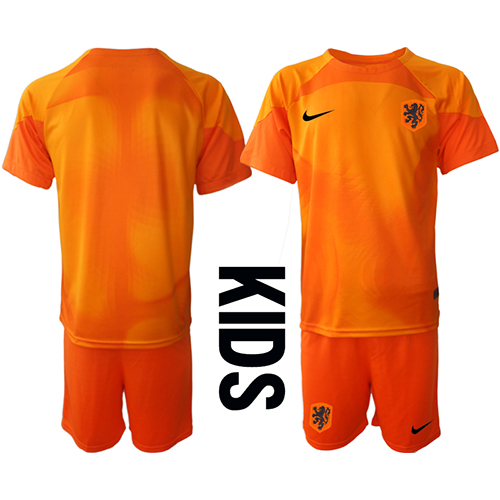 Maillot de foot Pays-Bas Gardien de but Extérieur enfant Monde 2022 Manches Courte (+ pantalon court)
